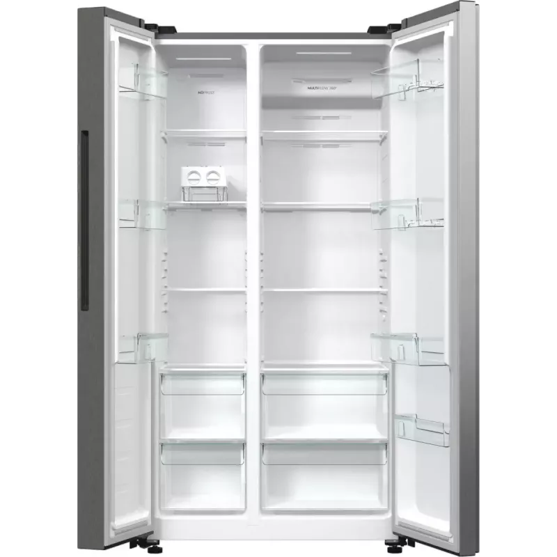 Frigorífico side-by-side Gorenje NRR9185EAXL — 550 L, independiente, plateado, No Frost, máquina de hielo, pantalla táctil LED