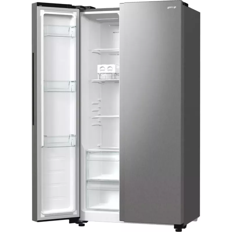 Frigorífico side-by-side Gorenje NRR9185EAXL — 550 L, independiente, plateado, No Frost, máquina de hielo, pantalla táctil LED