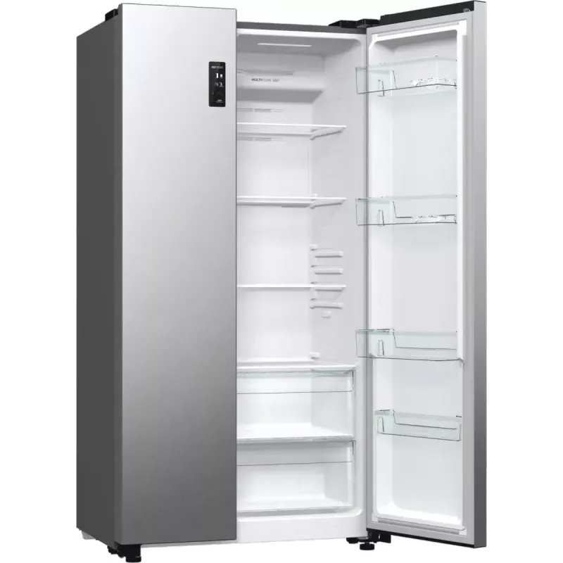 Frigorífico side-by-side Gorenje NRR9185EAXL — 550 L, independiente, plateado, No Frost, máquina de hielo, pantalla táctil LED
