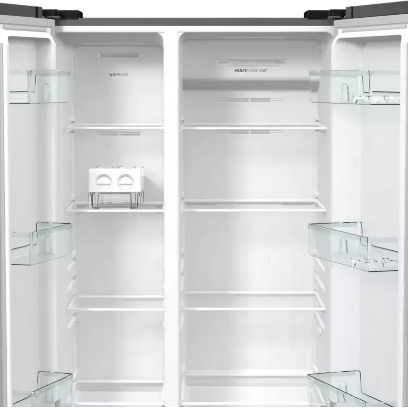 Frigorífico side-by-side Gorenje NRR9185EAXL — 550 L, independiente, plateado, No Frost, máquina de hielo, pantalla táctil LED