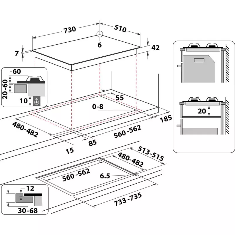 Whirlpool AKWL 728/NB Placa de gas integrada negra 75 cm 5 zonas