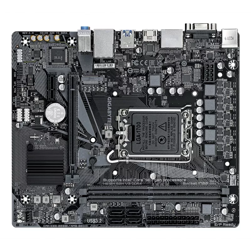 Placa base GIGABYTE H610M S2H V3 DDR4 - Compatible con CPUs Intel Core de 14.ª gen., VRM híbrido digital 4+1+1, hasta 3200 MHz DDR4, 1x PCIe 3.0 M.2, GbE LAN, USB 3.2 Gen 1