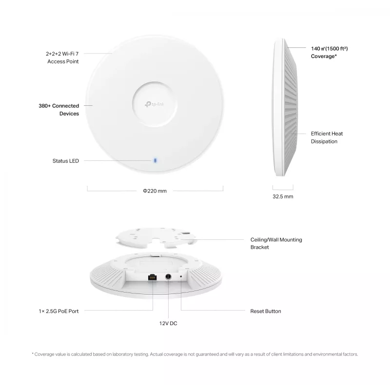 TP-Link Omada BE9300 Punto de acceso Wi-Fi 7 Tri-Band de montaje en techo