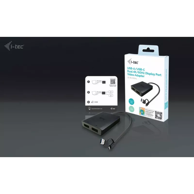 i-tec adaptador de vídeo USB-A/USB-C Dual 4K/60 Hz DisplayPort, 0,27 m, USB Type-A/USB Type-C, 2 x DisplayPort, conector macho, conector hembra, 3840 x 2160 píxeles