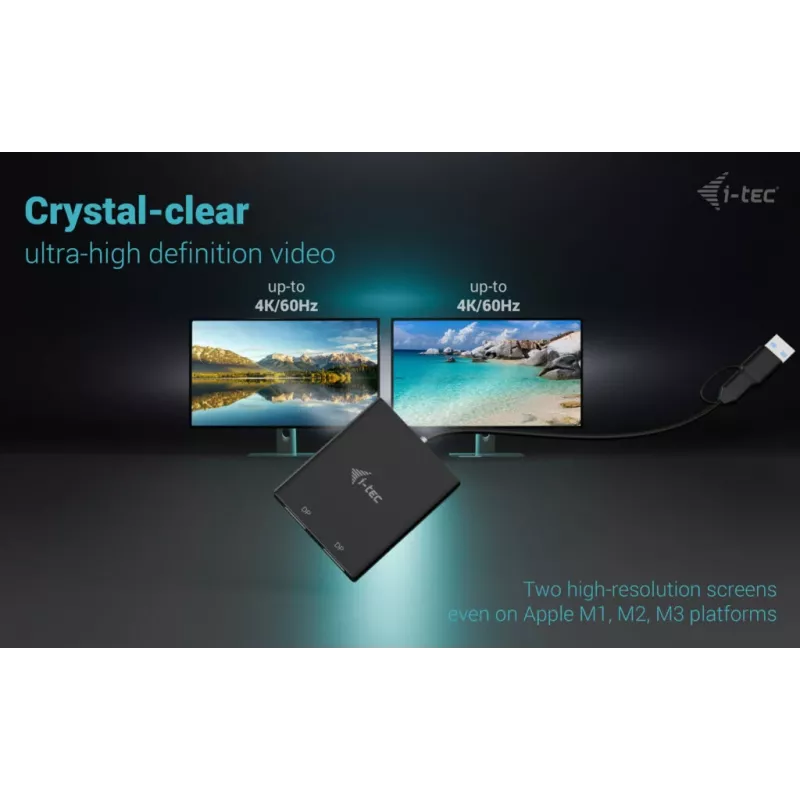 i-tec adaptador de vídeo USB-A/USB-C Dual 4K/60 Hz DisplayPort, 0,27 m, USB Type-A/USB Type-C, 2 x DisplayPort, conector macho, conector hembra, 3840 x 2160 píxeles
