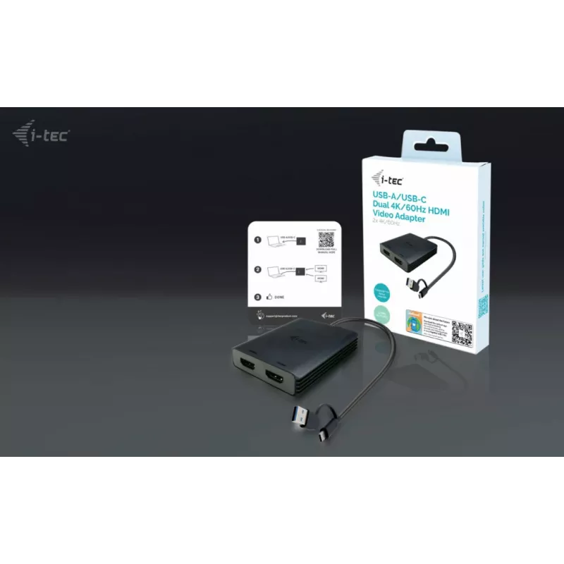 Adaptador de vídeo i-tec CADUAL4KHDMI USB-A/USB-C Dual 4K/60 Hz HDMI, 2x HDMI hembra, 0,27 m, 3840 x 2160, negro