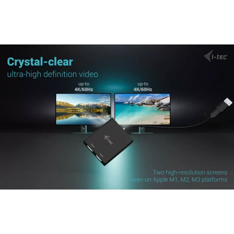Adaptador de vídeo i-tec CADUAL4KHDMI USB-A/USB-C Dual 4K/60 Hz HDMI, 2x HDMI hembra, 0,27 m, 3840 x 2160, negro