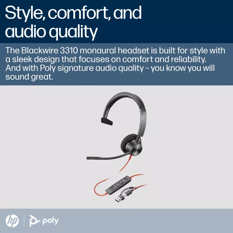 HP Poly Blackwire 3310 auricular USB-C monoaural certificado para Microsoft Teams + adaptador USB-C/A