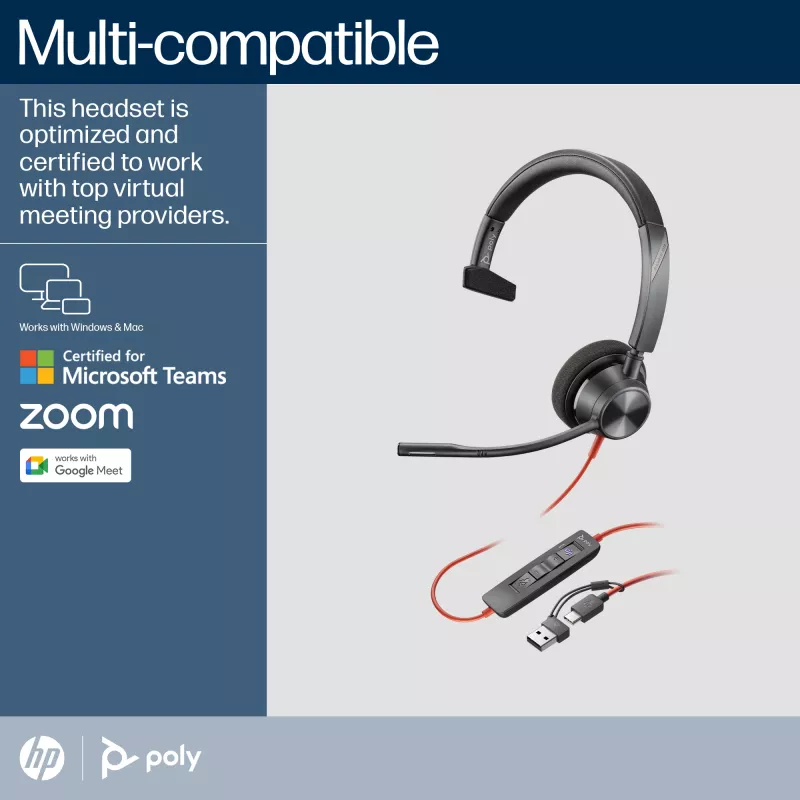 HP Poly Blackwire 3310 auricular USB-C monoaural certificado para Microsoft Teams + adaptador USB-C/A