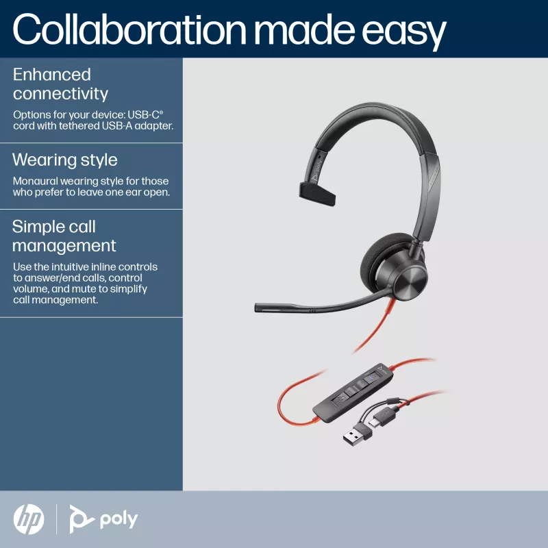 HP Poly Blackwire 3310 auricular USB-C monoaural certificado para Microsoft Teams + adaptador USB-C/A