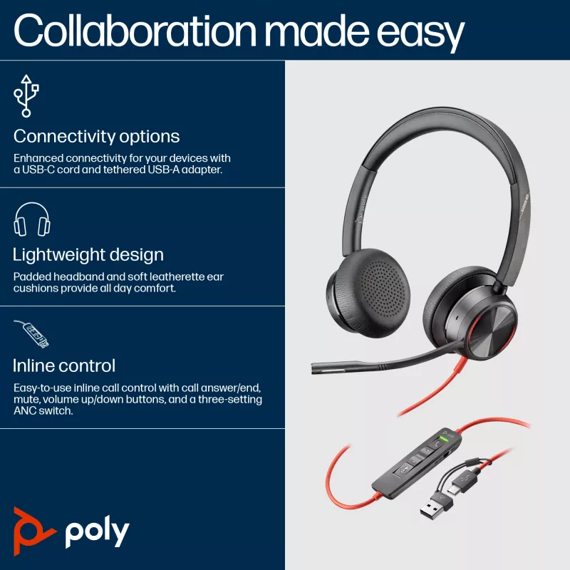 HP Poly Blackwire 8225 auricular USB-C estéreo + adaptador USB-C/A