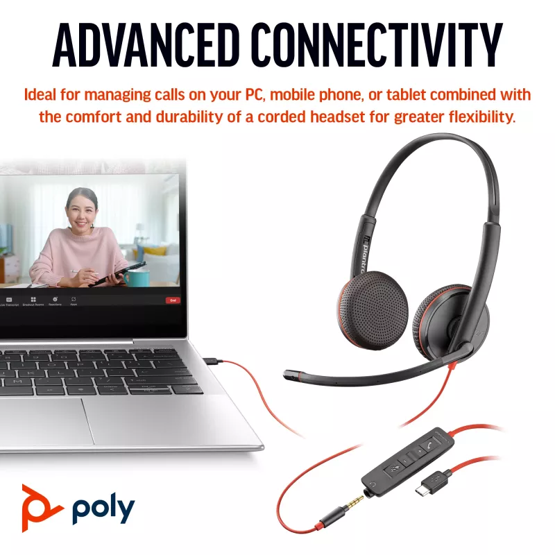 HP Poly Blackwire 3225 auricular USB-C estéreo + conector jack de 3,5 mm + adaptador USB-C/A