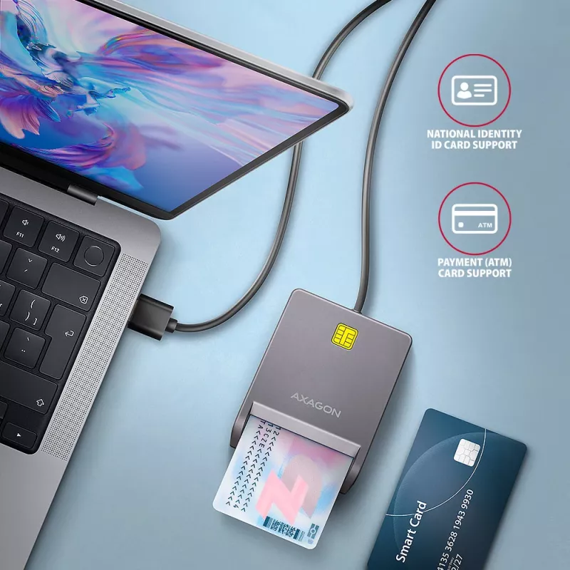 Lector de tarjetas inteligentes/ID Axagon CRE-SM3T USB-A, plano, USB 2.0, 1,3 m, Negro, 56 g