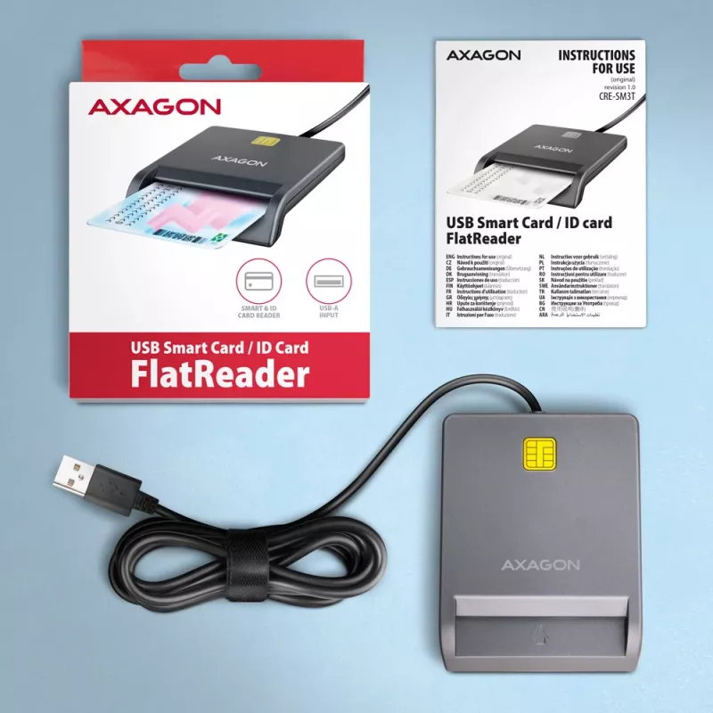 Lector de tarjetas inteligentes/ID Axagon CRE-SM3T USB-A, plano, USB 2.0, 1,3 m, Negro, 56 g