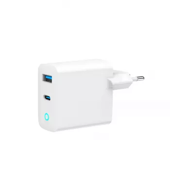 Cargador rápido USB GaN GEMBIRD de 2 puertos 30W LED blanco — 1x USB-C PD 30W, 1x USB-A, 100–240V, 92 g