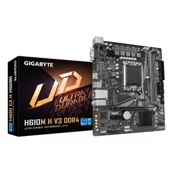 Placa base GIGABYTE H610M H V3 DDR4 - Compatible con CPUs Intel Core de 14.ª gen, VRM digital híbrido 4+1+1 fases, hasta 3200 MHz DDR4, 1x PCIe 3.0 M.2, GbE LAN, USB 3.2 Gen 1