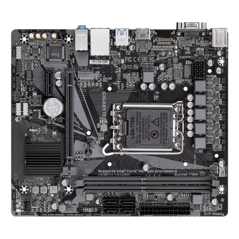 Placa base GIGABYTE H610M H V3 DDR4 - Compatible con CPUs Intel Core de 14.ª gen, VRM digital híbrido 4+1+1 fases, hasta 3200 MHz DDR4, 1x PCIe 3.0 M.2, GbE LAN, USB 3.2 Gen 1