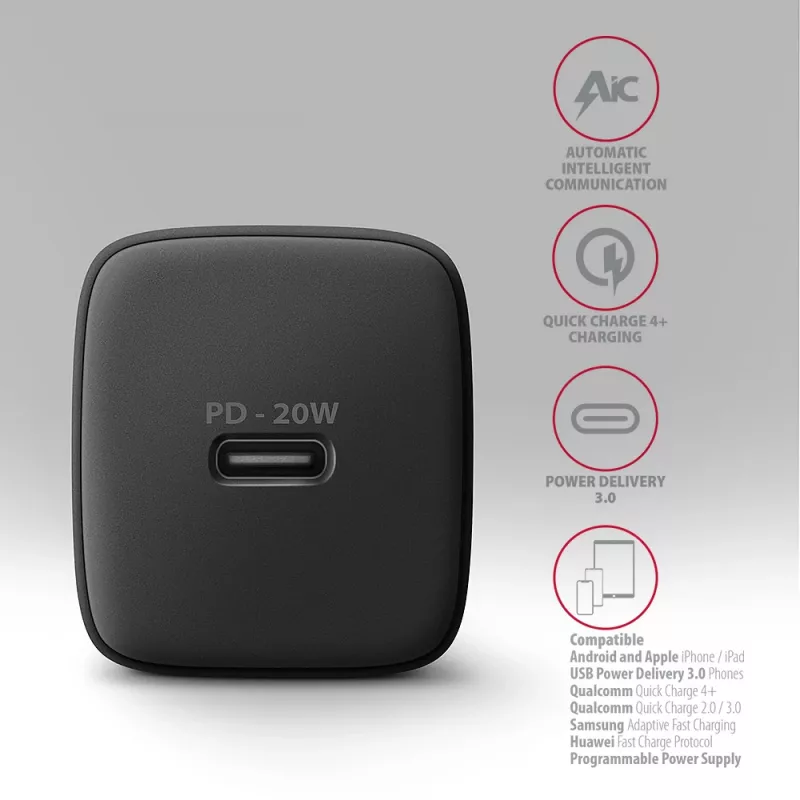 Cargador de pared Axagon ACU-PD20 1x QC3.0/AFC/FCP/PD Type-C 20W negro
