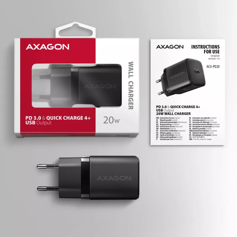 Cargador de pared Axagon ACU-PD20 1x QC3.0/AFC/FCP/PD Type-C 20W negro