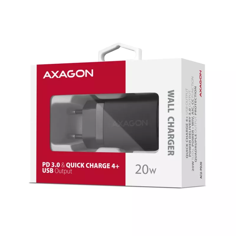 Cargador de pared Axagon ACU-PD20 1x QC3.0/AFC/FCP/PD Type-C 20W negro