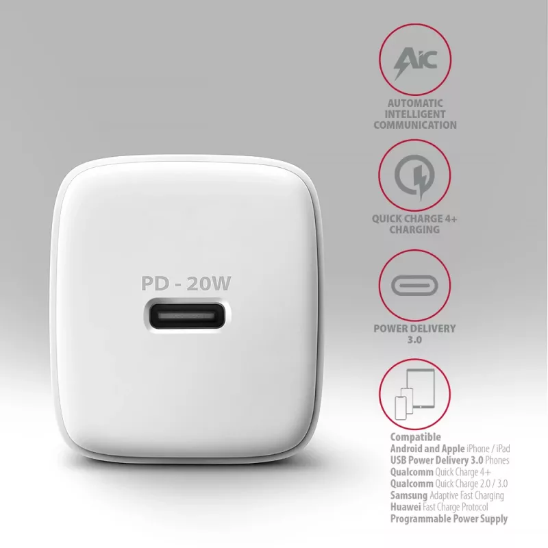 Cargador de pared Axagon ACU-PD20W 1x QC3.0/AFC/FCP/PD Type-C 20W blanco