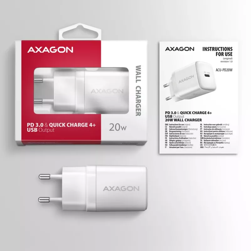 Cargador de pared Axagon ACU-PD20W 1x QC3.0/AFC/FCP/PD Type-C 20W blanco
