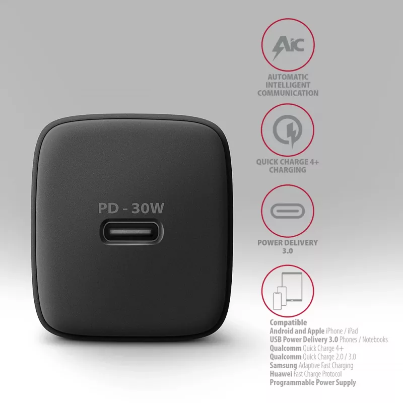 Cargador de pared Axagon ACU-PD30 PD3.0 y QC4+ 1x salida 30W, interior, AC, negro