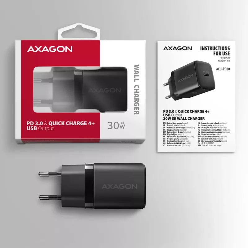 Cargador de pared Axagon ACU-PD30 PD3.0 y QC4+ 1x salida 30W, interior, AC, negro