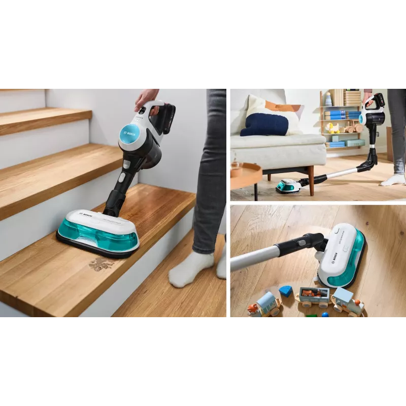 Bosch Unlimited 7 ProHygienic Aqua BCS71HYG1 aspirador vertical inalámbrico 2 en 1 con fregado, 18 V, HEPA, sin bolsa, 0,3 l, blanco