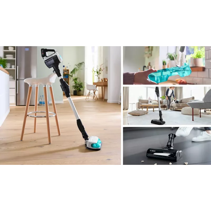 Bosch Unlimited 7 ProHygienic Aqua BCS71HYG1 aspirador vertical inalámbrico 2 en 1 con fregado, 18 V, HEPA, sin bolsa, 0,3 l, blanco