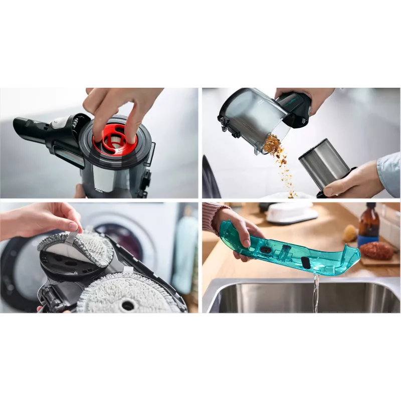 Bosch Unlimited 7 ProHygienic Aqua BCS71HYG1 aspirador vertical inalámbrico 2 en 1 con fregado, 18 V, HEPA, sin bolsa, 0,3 l, blanco