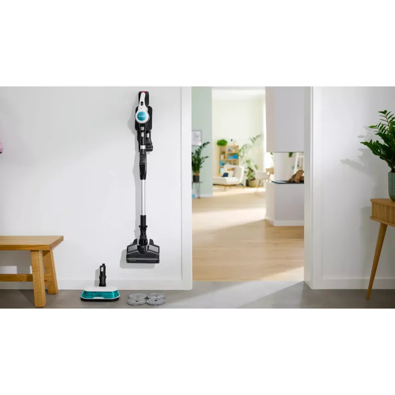 Bosch Unlimited 7 ProHygienic Aqua BCS71HYG1 aspirador vertical inalámbrico 2 en 1 con fregado, 18 V, HEPA, sin bolsa, 0,3 l, blanco
