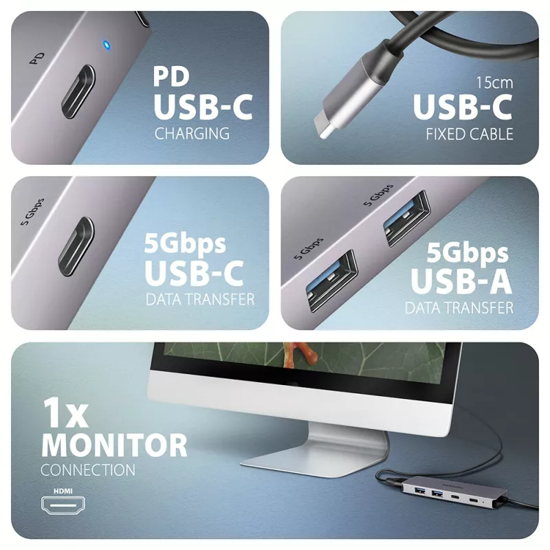 Axagon HMC-5H60 Hub USB 5Gbps, 2x USB-A, 1x USB-C, HDMI 4k/60Hz, PD 100W, cable USB-C