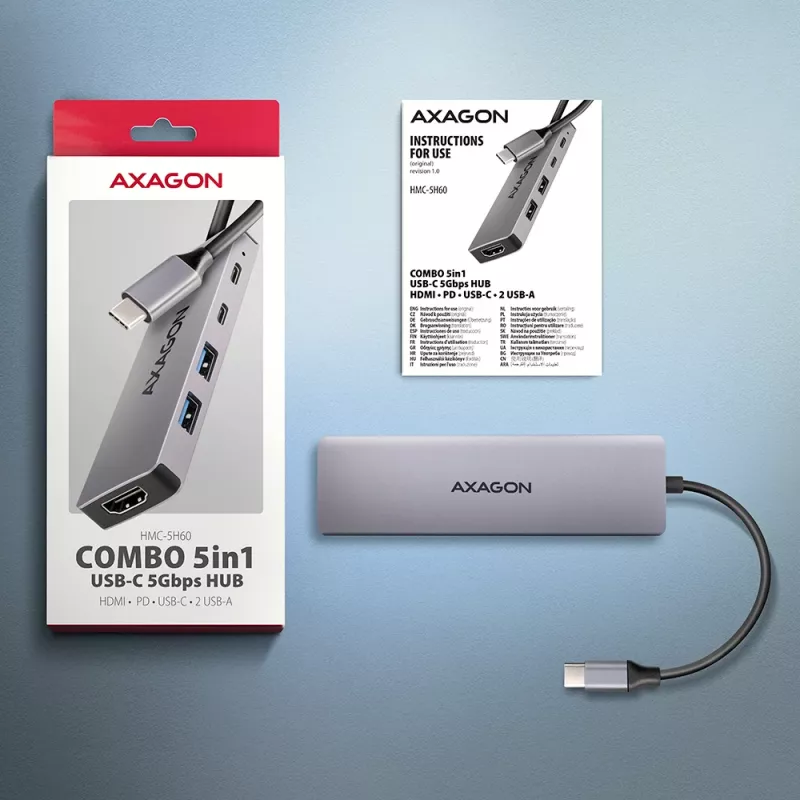 Axagon HMC-5H60 Hub USB 5Gbps, 2x USB-A, 1x USB-C, HDMI 4k/60Hz, PD 100W, cable USB-C