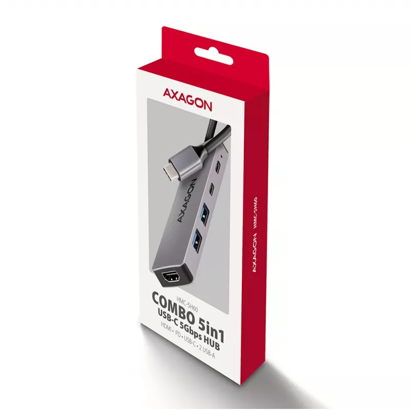 Axagon HMC-5H60 Hub USB 5Gbps, 2x USB-A, 1x USB-C, HDMI 4k/60Hz, PD 100W, cable USB-C