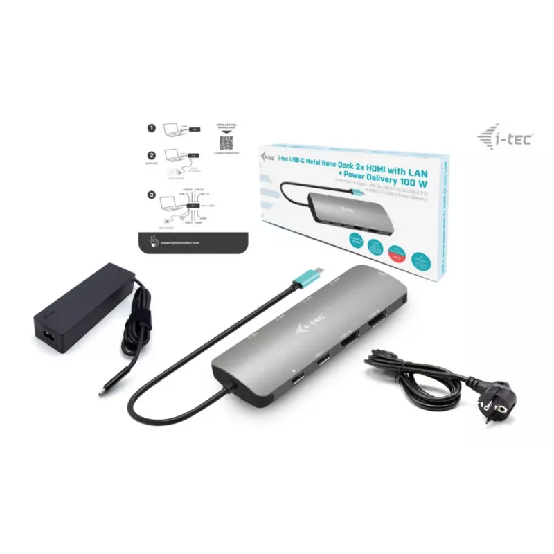 i-tec Metal USB-C Nano Estación de acoplamiento 2x Display con PD 100 W + cargador 100W