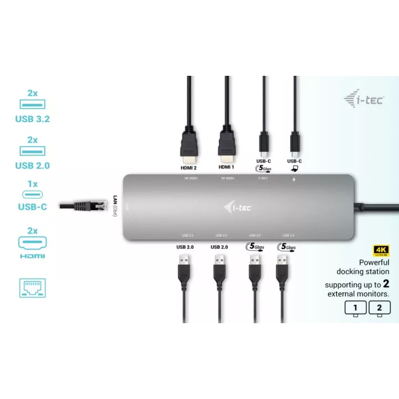 i-tec Metal USB-C Nano Estación de acoplamiento 2x Display con PD 100 W + cargador 100W
