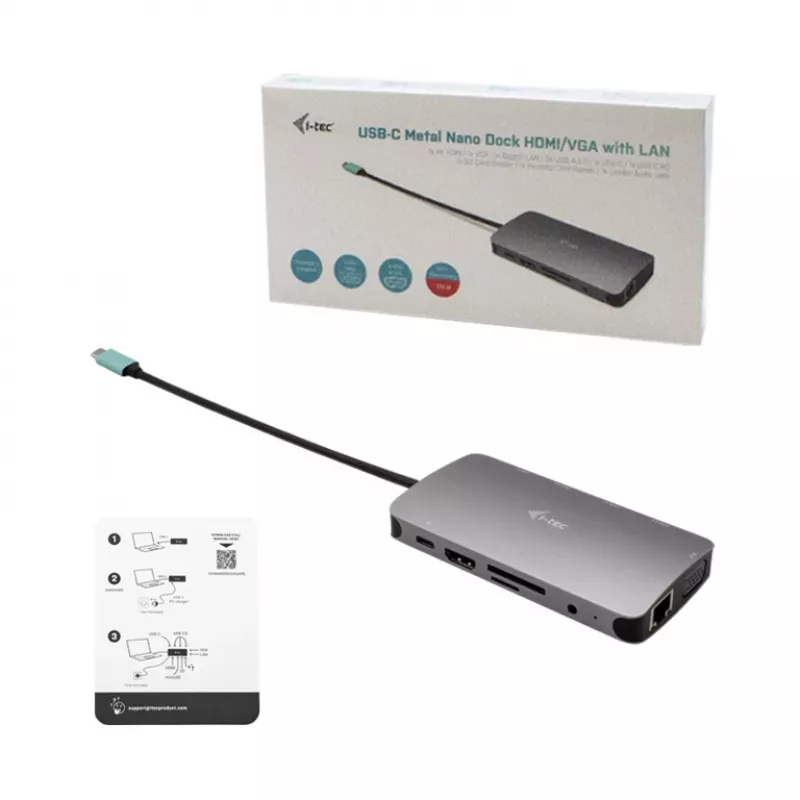 i-tec Metal USB-C Nano Dock HDMI/VGA con LAN + cargador 100 W