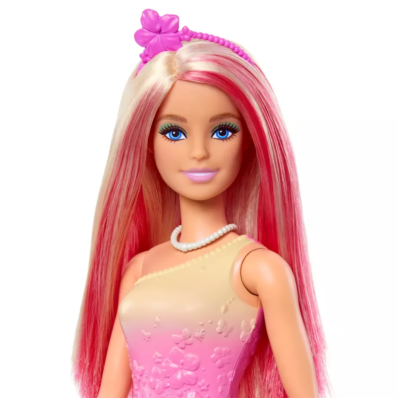 Barbie A Touch of Magic Muñeca Royal con cabello rosa y rubio, falda de mariposa y accesorios