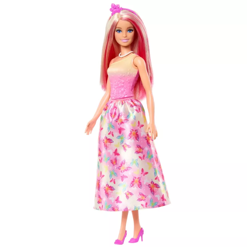 Barbie A Touch of Magic Muñeca Royal con cabello rosa y rubio, falda de mariposa y accesorios