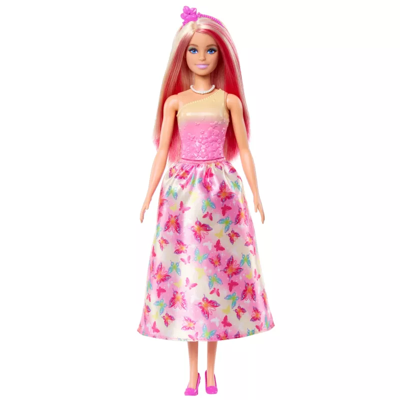 Barbie A Touch of Magic Muñeca Royal con cabello rosa y rubio, falda de mariposa y accesorios