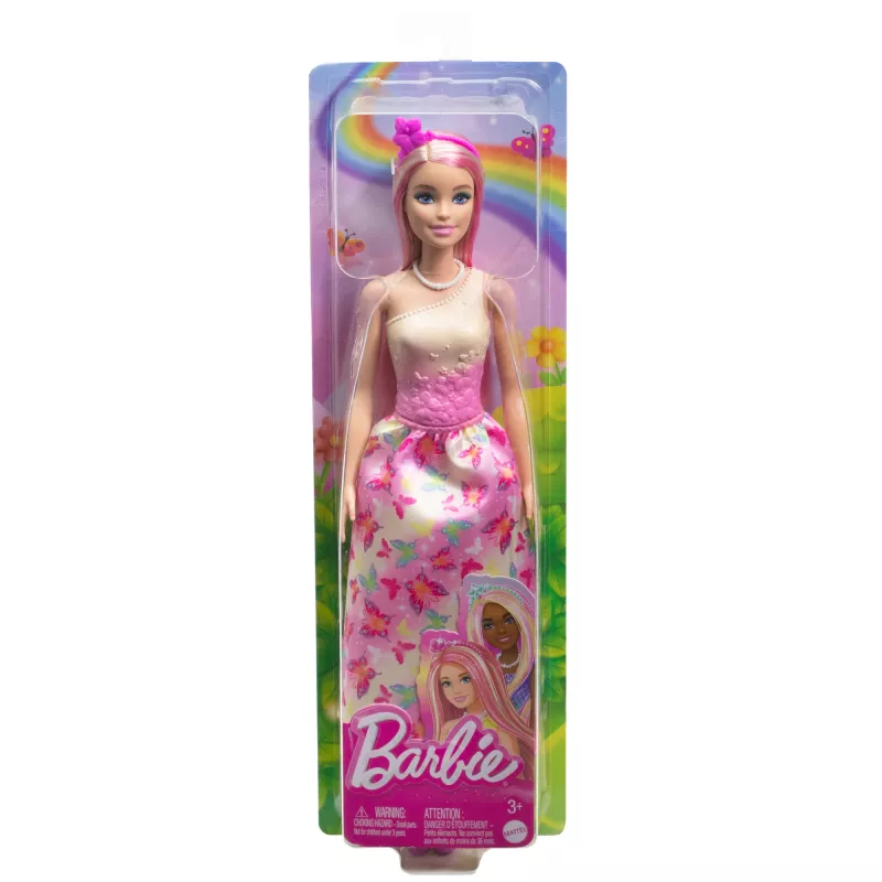 Barbie A Touch of Magic Muñeca Royal con cabello rosa y rubio, falda de mariposa y accesorios