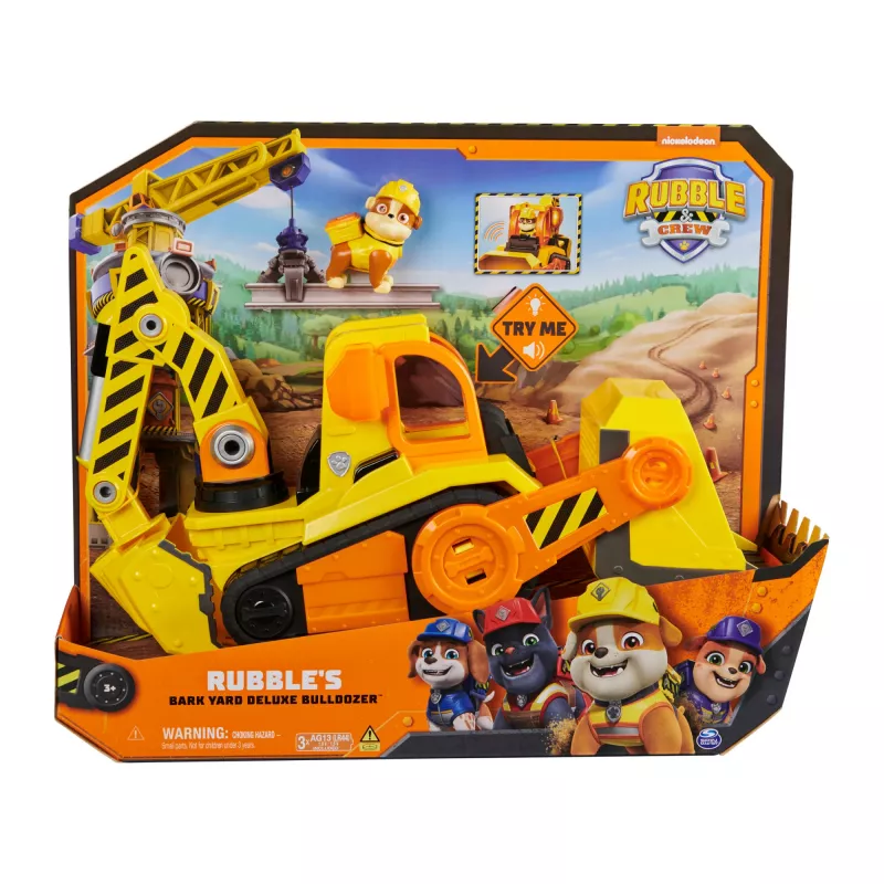 Rubble & Crew, Bark Yard Deluxe Bulldozer vehículo de construcción de juguete con luces, sonidos y figura de acción Rubble, juguete para niños y niñas a partir de 3 años