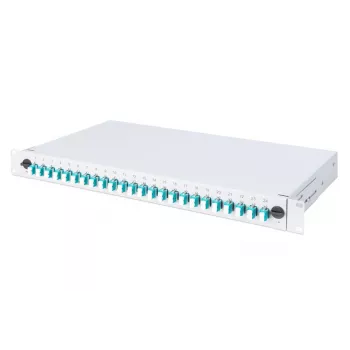 Caja de empalme de fibra óptica DIGITUS con tapa deslizante, 1U, equipada con 24x LC dúplex, incl. racor M 25, cassette de empalme OM3 pigtails de colores, adaptador