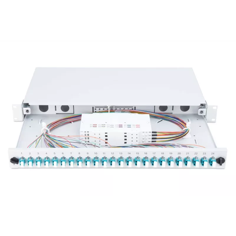 Caja de empalme de fibra óptica DIGITUS con tapa deslizante, 1U, equipada con 24x LC dúplex, incl. racor M 25, cassette de empalme OM3 pigtails de colores, adaptador