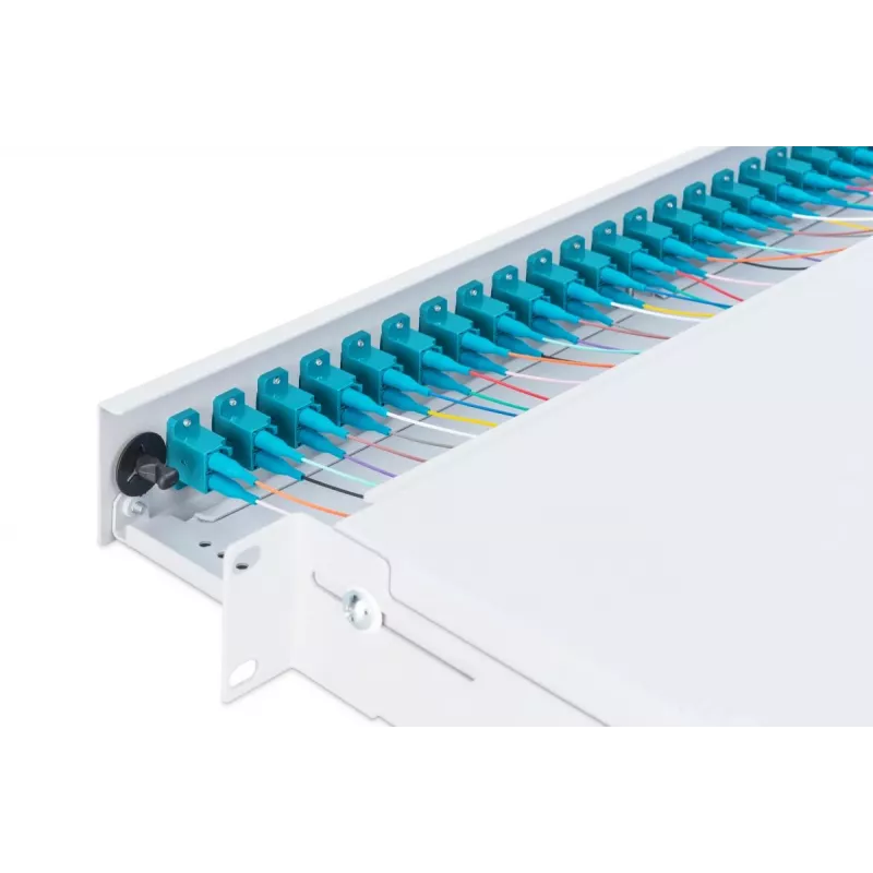 Caja de empalme de fibra óptica DIGITUS con tapa deslizante, 1U, equipada con 24x LC dúplex, incl. racor M 25, cassette de empalme OM3 pigtails de colores, adaptador