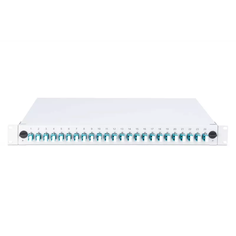 Caja de empalme de fibra óptica DIGITUS con tapa deslizante, 1U, equipada con 24x LC dúplex, incl. racor M 25, cassette de empalme OM3 pigtails de colores, adaptador
