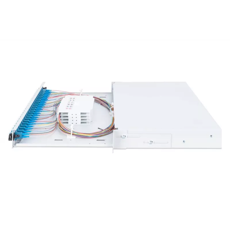 Caja de empalme deslizante de fibra óptica DIGITUS, 1U, equipada con 24x LC dúplex, incl. tornillo M25, cassette de empalme monomodo OS2, pigtails de colores