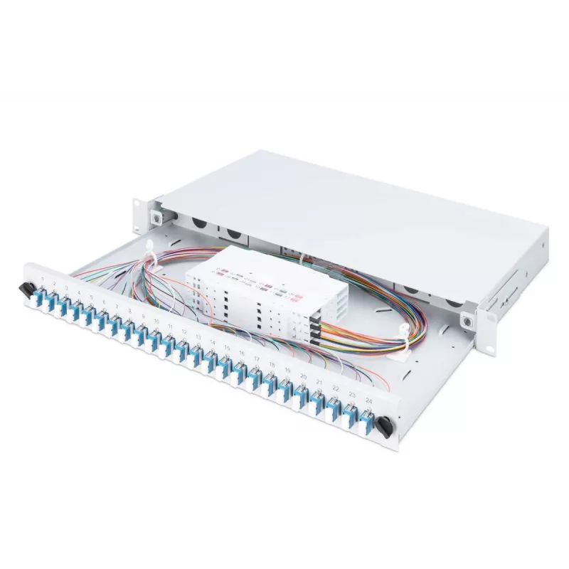 Caja de empalme deslizante de fibra óptica DIGITUS, 1U, equipada con 24x LC dúplex, incl. tornillo M25, cassette de empalme monomodo OS2, pigtails de colores