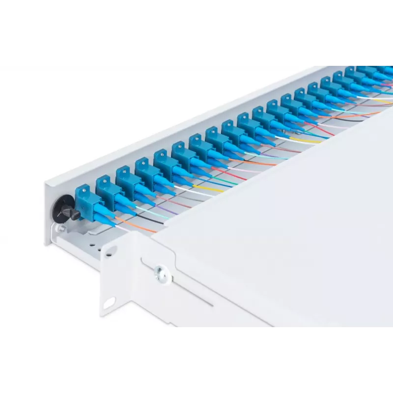 Caja de empalme deslizante de fibra óptica DIGITUS, 1U, equipada con 24x LC dúplex, incl. tornillo M25, cassette de empalme monomodo OS2, pigtails de colores